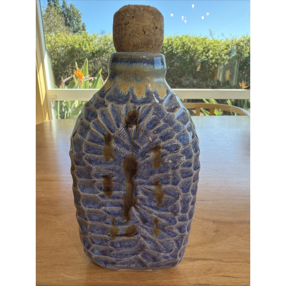 Signed Studio Pottery Flask 7.5" Blue & Amber Textured Art Pottery‎ w Cork